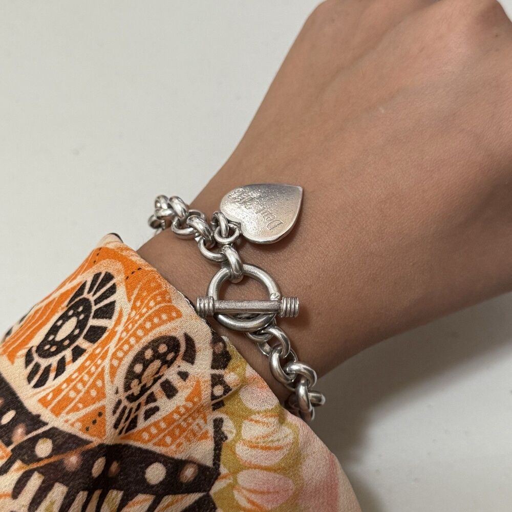 Vintage Sterling Heavy Rolo Bracelet With Heart Engraved Charm